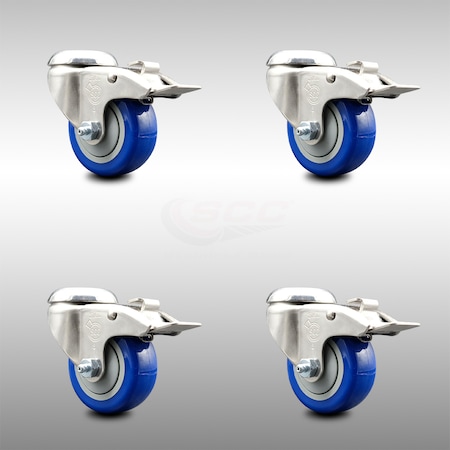 Service Caster 3.5 Inch 316SS Blue Polyurethane Swivel Bolt Hole Caster Set with Lock Brake SCC-SS316BHTTL20S3514-PPUB-BLUE-4